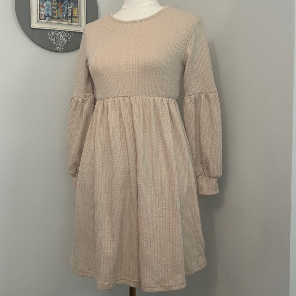 Girls Ecru Knit Dress Simply Sweet Lightly Textured Midi Gathered Waist 11/12 Y